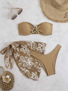Swim SXY 3er Set Schwimm-Strandoutfit für Damen, strukturierter einfarbiger Bandeau-Oberteil, Metallic-Akzente & gestrickter Sarong-Rock, Sommer-Bikini
