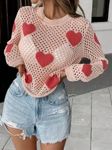 SHEIN LUNE Lente/zomer Hollow Heart Crew Neck gebreide crop top, modieuze trui voor laagjes, geschikt voor Valentijnsdag