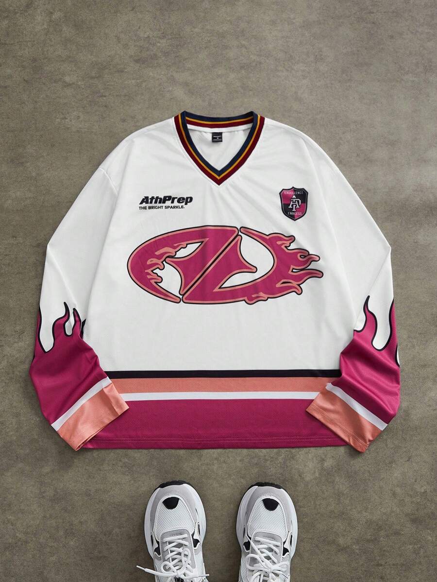 Manfinity VCAY 男士数码印花宽松针织长袖 T 恤 - 玫紅色 - 查看 1