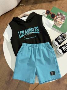 SHEIN 3pcs Young Boy Casual Korean Style Letter Graphic Print Hoodie Vest, Patch Decor Shorts, Solid Crew Neck Short Sleeve T-Shirt Knit 3-Piece Set, Suitable For School, Garden, Beach, Birthday, Spring, Summer, Autumn, Winter