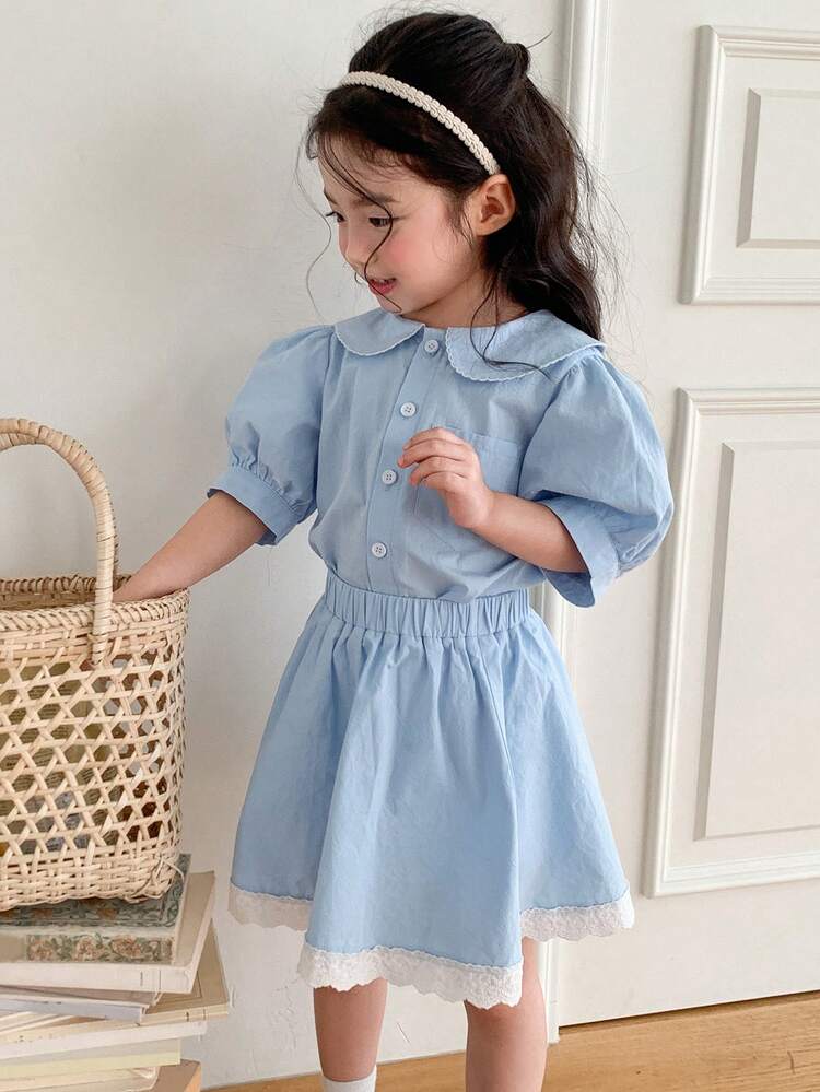 2pcs Set Young Girl Casual Solid Color Puff Sleeve Top And Lace Trim Skirt