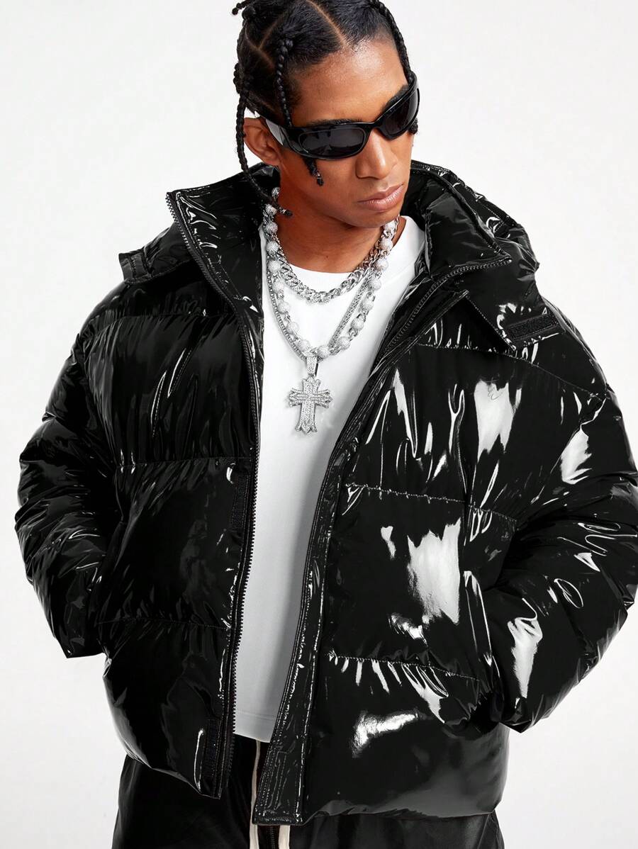 AXEPEAK Men's Solid Color Shiny Front Zip Closure Hooded Winter Jacket - Black - View 1