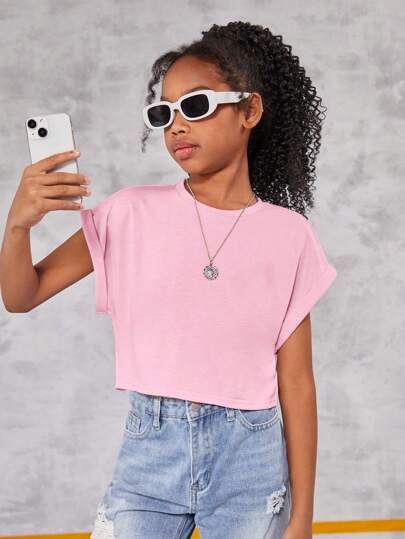 SHEIN Tween 女童纯色针织短款宽松休闲短袖 T 恤