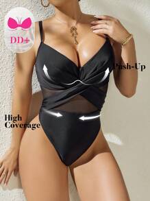 Swim DD+ Traje de baño de una pieza sexy para mujer talla grande con recortes, tirantes de malla, estilo push-up y corte alto, en unicolor