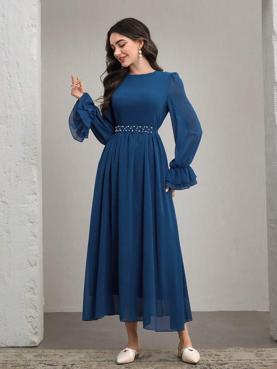 Graceveil French Style Puff Sleeve Beaded Waist Slim Fit Dress,Modest