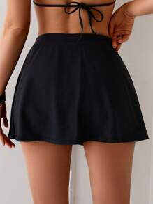 SHEIN Swim Women's Solid Color Elastic Waist Black Bikini Skirt Swimwear Bottom, For Summer Beach Vacation - Black - View 2