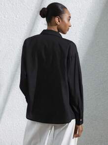 SHEIN Privé Minimalist Elegant Luxurious Retro Design Casual Versatile Black Lapel White 3D Embroidery Women Long Sleeve Shirt - Black - View 3