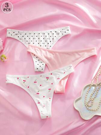 Eraneu 3pcs/Pack Women's Romantic Cherry Heart Print Casual Comfortable Versatile Panties, Printed Thongs