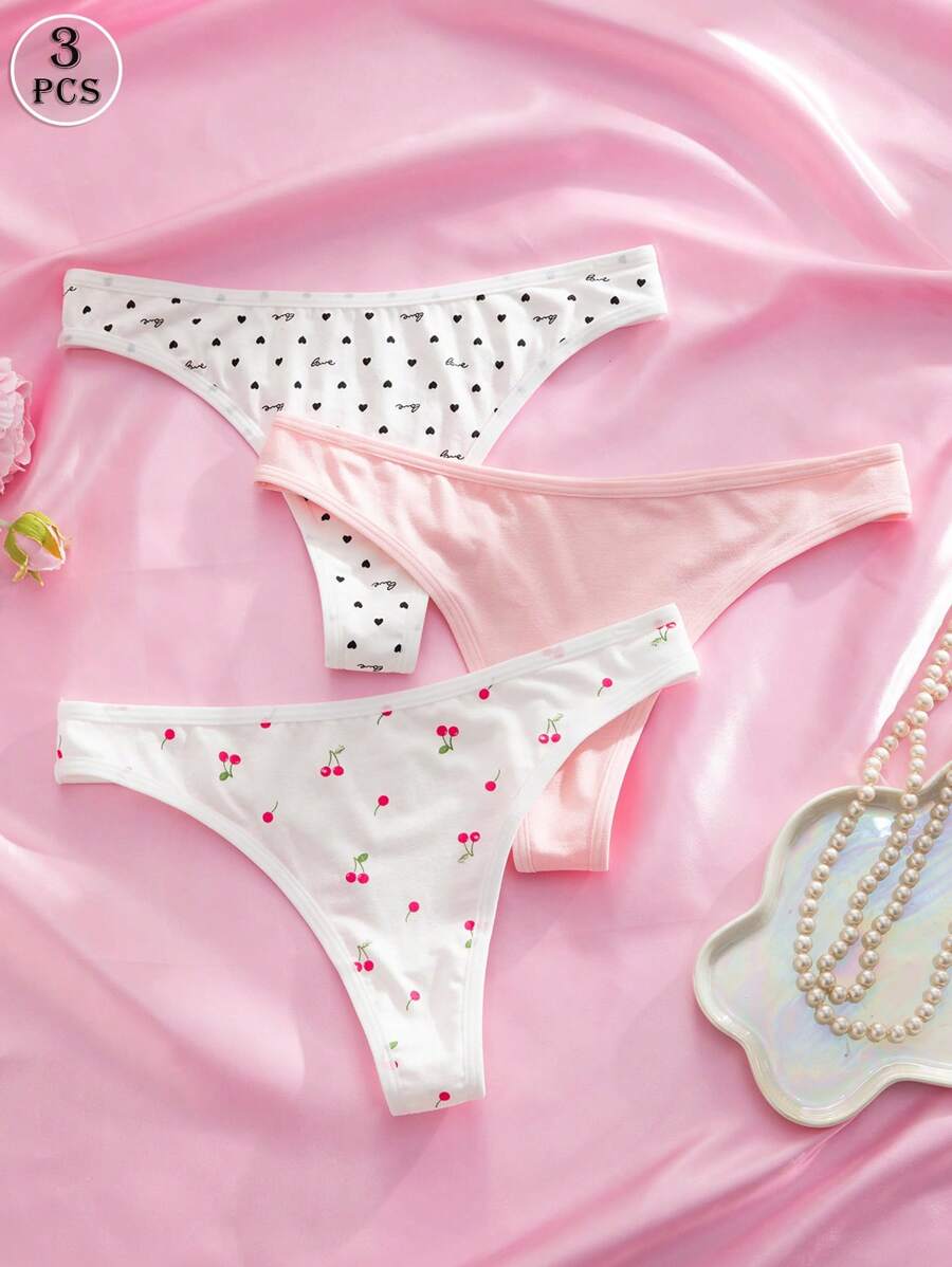 Eraneu 3pcs/Pack Women's Romantic Cherry Heart Print Casual Comfortable Versatile Panties, Printed Thongs - Multicolor - View 1
