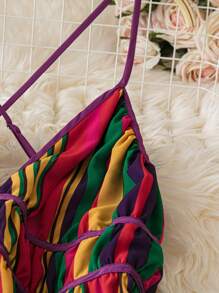 SHEIN LUNE 浪漫假期彩虹条纹 V 领收腰 A 字形露背秋千夏季连衣裙