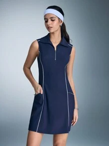 Vestido Esportivo Feminino com Fechamento de Zíper e Sem Mangas, Simples e Elegante para Uso Casual Diário - Azul Marinho - Visão 5