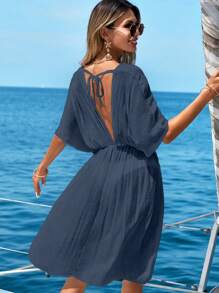 Swim Vcay Summer Beach Solid Batwing Sleeve Plunging Neck Drawstring Waist Cover Up