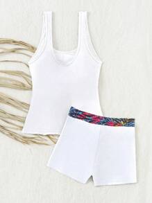 Swim Lushoire Solid Color Patchwork Sleeveless Simple Jumpsuit And 2 Pieces Swimwear Set - White - View 4