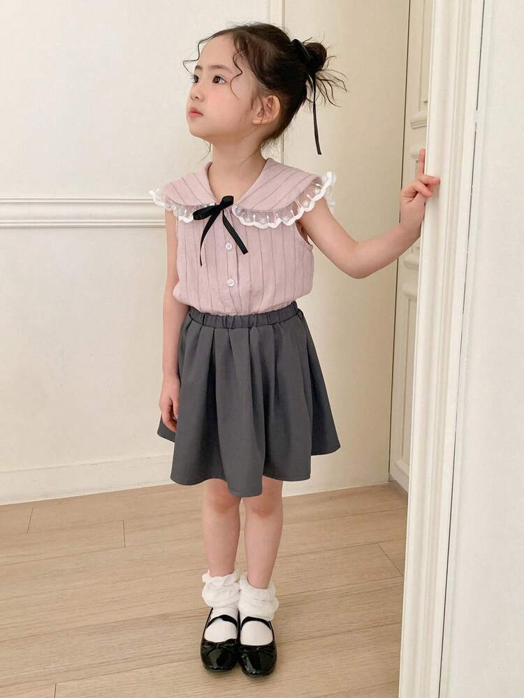 2pcs/Set Young Girl Bow Decor Striped Single Breasted Blouse And Skirt,Girls Summer Outfits