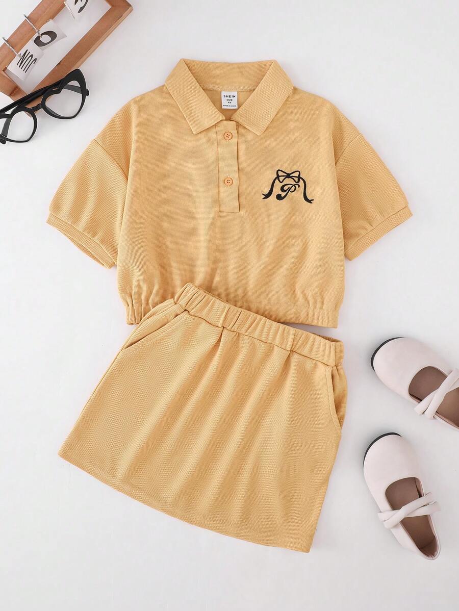 PrepCrw 女童黄色字母刺绣针织领 T 恤/迷你裙套装，春夏