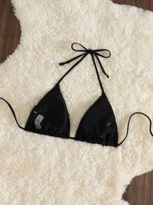 SHEIN Swim Contrast Color Star Sequin Halter Bikini Top, Sexy Micro Triangle
