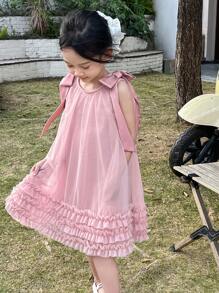 DAZY Young Girl Plain Sleeveless Pleated Ruffle Hem Casual Dress, Girls Summer Outfits - Pink - View 6