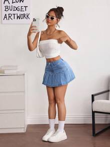 SHEIN PETITE 女士休闲斜口袋褶皱牛仔 A 字裙，夏季 - 淺色水洗藍 - 查看 2