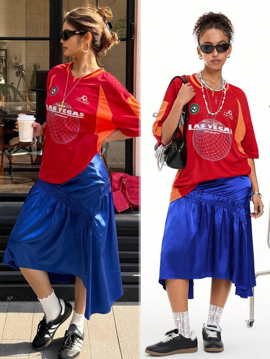 SHEIN EZwear 女士春夏适合约会之夜和外出复古 Y2K 舒适面料蓝色中长裙 - 藍色 - 查看 1
