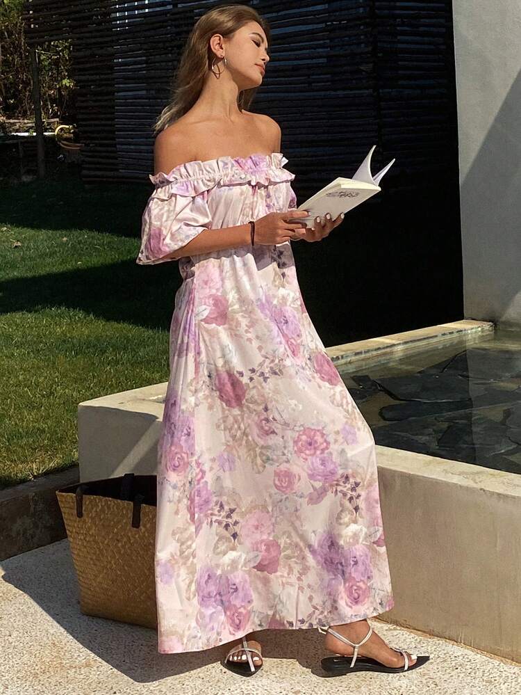 Holiday Beach Floral Print Maxi A-Line Off Shoulder Ruffle Splice Women Dress Sundress Boho