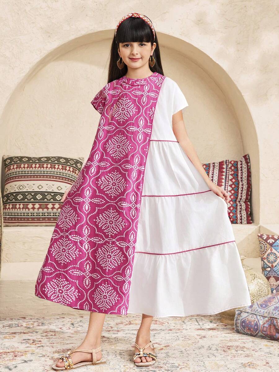 SHEIN Tween Girl Oversized Casual Pattern Color Block Layered Round Neck Dress - Green - View 1