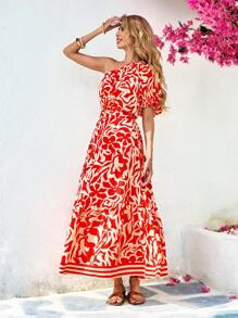 SHEIN VCAY 梭织印花单肩紧身女式长裙春夏装、夏装、情人节、女士度假装、女士沙滩装、节日、浪漫优雅服装、波西米亚风、波西米亚风、甜美、狂欢节装扮、热带度假女装、狂欢节 - 紅白色 - 查看 5