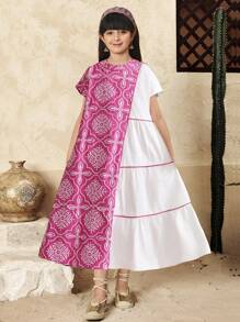 SHEIN Tween Girl Oversized Casual Pattern Color Block Layered Round Neck Dress - Green - View 7