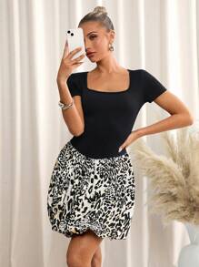 SHEIN Clasi Women's Elegant Square Neck Floral Mini Dress With Leopard Hemline, Fitted Casual Everyday Wear  Dresses For Women Cheetah Print Summer Dresses For Women  French Elegant Elegant Daily - Multicolor - View 2
