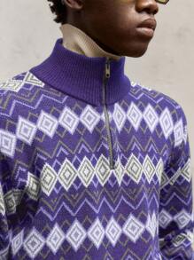 AKNOTIC Party 圣诞节男士撞色立领半拉链落肩休闲毛衣，适合圣诞节、新年、日常穿着、秋冬季，绿色菱形提花配金属拉链门襟 - 紫色 - 查看 3