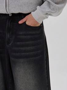 Musero Distressed Baggy Extreme Washed Denim Trouser Bottoms Detailing Below Knee Rip Slits Jeans SPRING SUMMER Essentials - Black - View 3