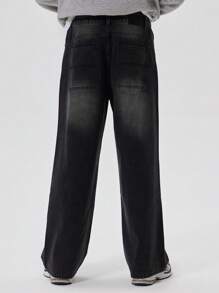 Musero Distressed Baggy Extreme Washed Denim Trouser Bottoms Detailing Below Knee Rip Slits Jeans SPRING SUMMER Essentials - Black - View 4