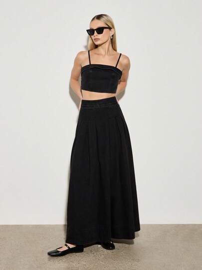 AiiRZ 翻折牛仔短款上衣和喇叭长裙两件套