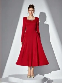 Poshira Women's Square Neckline Puff Sleeve Ruffled Midi Dress - Red - View 7