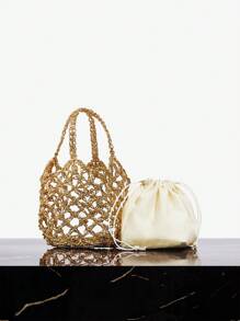 SHEIN SXY 女士手提包，编织包，镂空，时尚，优雅，简约，个性化，多功能，适合海滩，度假，假日，夏季，海边 - 金色 - 查看 5