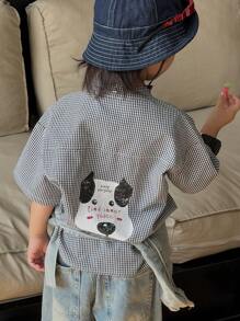 DAZY 年轻男孩格子卡通印花休闲衬衫 - 黑與白 - 查看 1