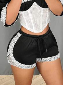 SHEIN ICON 女士前系带简约休闲低腰拼色蕾丝 Y2K 跑步篮球足球运动女式短裤