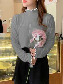 DAZY Women High Collar Ruffle Trim Long Sleeve Solid Color Knitted Base T-Shirt,Fall Clothes - Grey - View 1