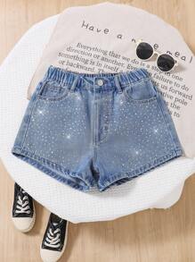 SHEIN Pantaloncini di jeans casual per ragazze pre-adolescenti con tasche strappate e dettagli di strass
