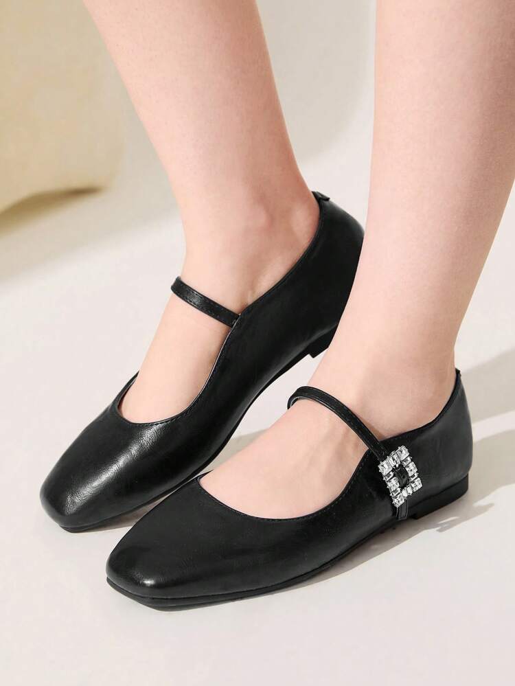 CUCCOO CHICEST Women's Black Soft & Comfortable Rhinestone Buckle Flat Shoes