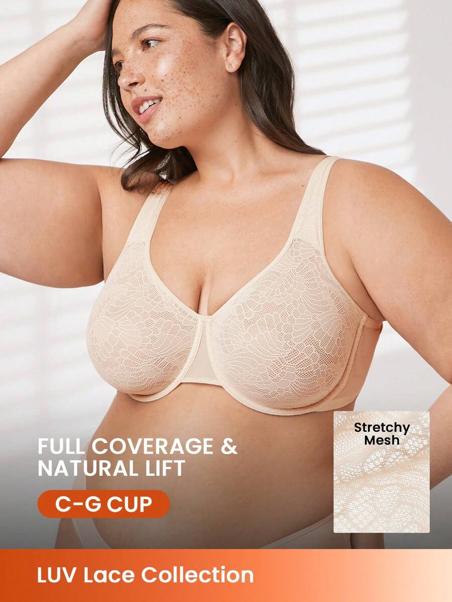 LUVLETTE Plus Nude Lingerie Lounge Curve Full Coverage Support&Breathable Underwire Sheer Sexy Unlined Airy Lace Elegance Breezy Comfort Minimizer Bra