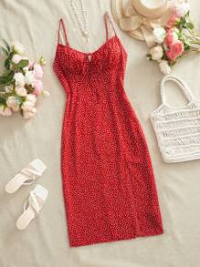 SHEIN VCAY Printed Spaghetti Strap Slit Bodycon Mid-Calf Dress For Women - Red - View 1