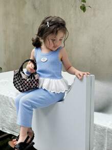 SHEIN Conjunto de ropa de verano de niña bebé en color azul celeste para eventos, exteriores y viajes - Azul - Ver 1