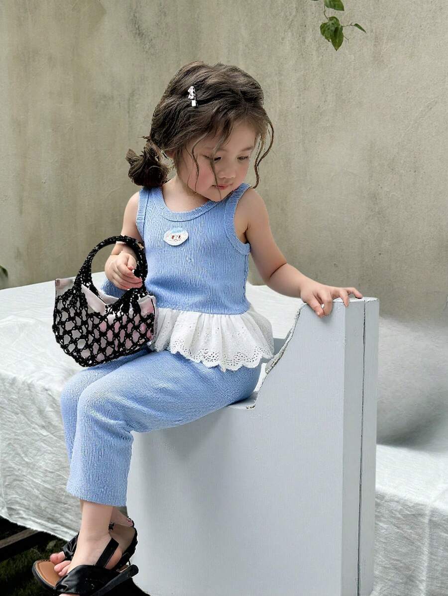 SHEIN Conjunto de ropa de verano de niña bebé en color azul celeste para eventos, exteriores y viajes - Azul - Ver 1