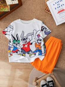 2 paquets Ensemble t-shirt à manches courtes et short imprimé lapin mignon pour jeunes garçons. Décontracté, confortable, mode, simple et pratique. Doux et confortable.
