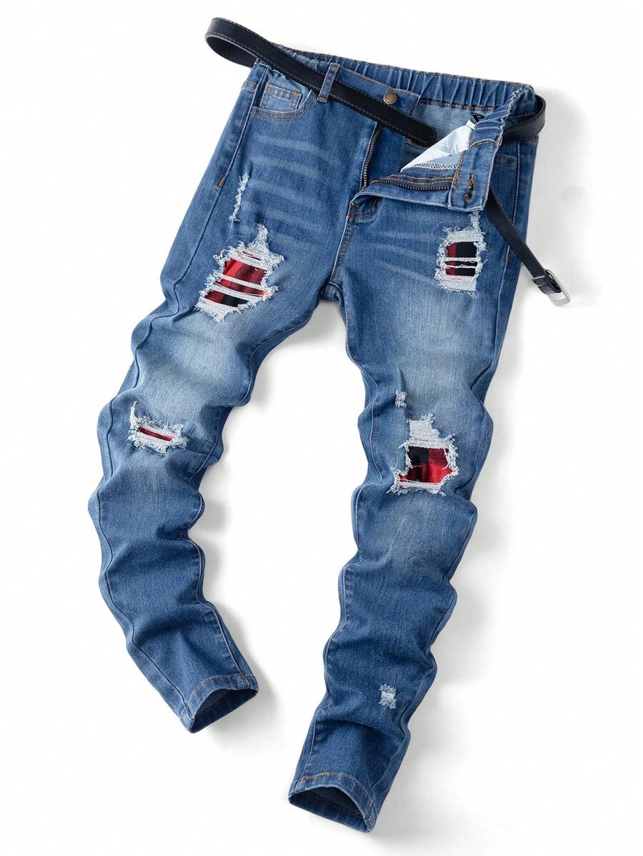 SHEIN Tween Boys Fashion Casual Red Denim Cut Out Ripped Frayed And Plaid Ripped Patchwork Stretch Skinny Jeans For Boys Soft Dailywear And The Four Seasonsr Kids Clothes