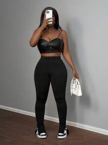 Slaydiva Pantalones acampanados de punto elásticos de color negro liso a juego con abertura en la Bottom - Negro - Ver 4