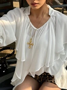 Coolane 女式春夏女巫时尚西部复古约会夜音乐节演唱会派对雪纺带纹理装饰荷叶边白色大码加大码长袖 V 领衬衫 - 白色 - 查看 6