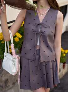 Jouncy 2 件套女士时尚蝴蝶结印花上衣和百褶迷你裙套装 - 深灰色 - 查看 3