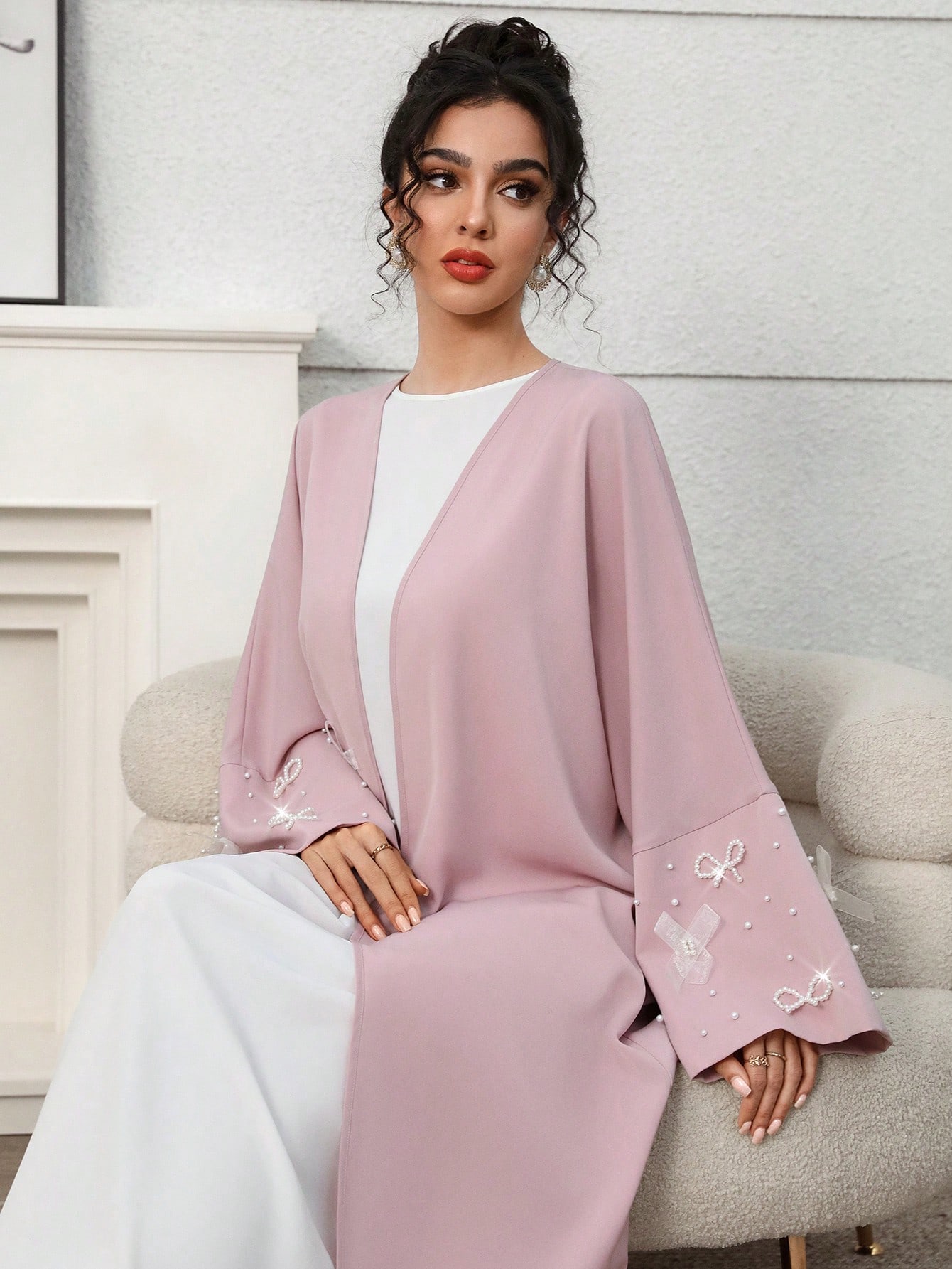 Yasmyna عباءة نسائية طويلة الأكمام مع وشاح في الأس...