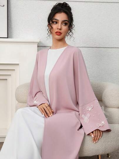 Yasmyna Women's Long Sleeve Arab Abaya Outwear With Bow Cuff And Faux Pearl Decor, Modest Robe